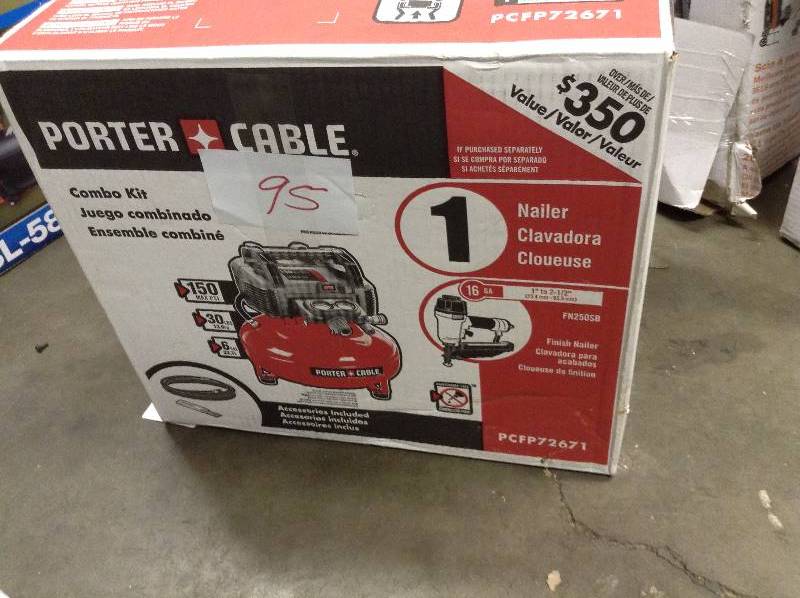 lot 95 image: Porter-Cable 6 Gal. 150 psi Air Compressor and 16-Gauge Nailer Combo
