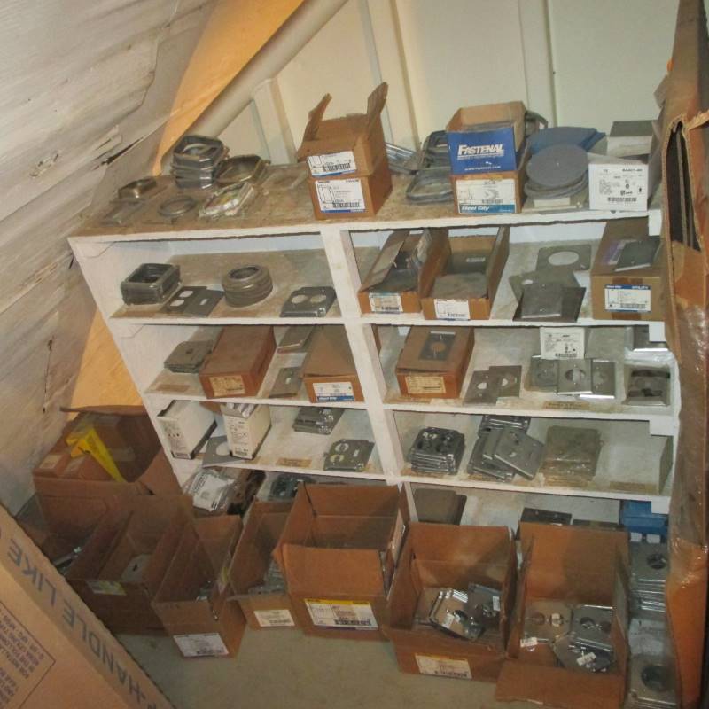 lot 73 image: Contents of Shelves & Boxes, 100s of Metal Outlet & Switch Covers