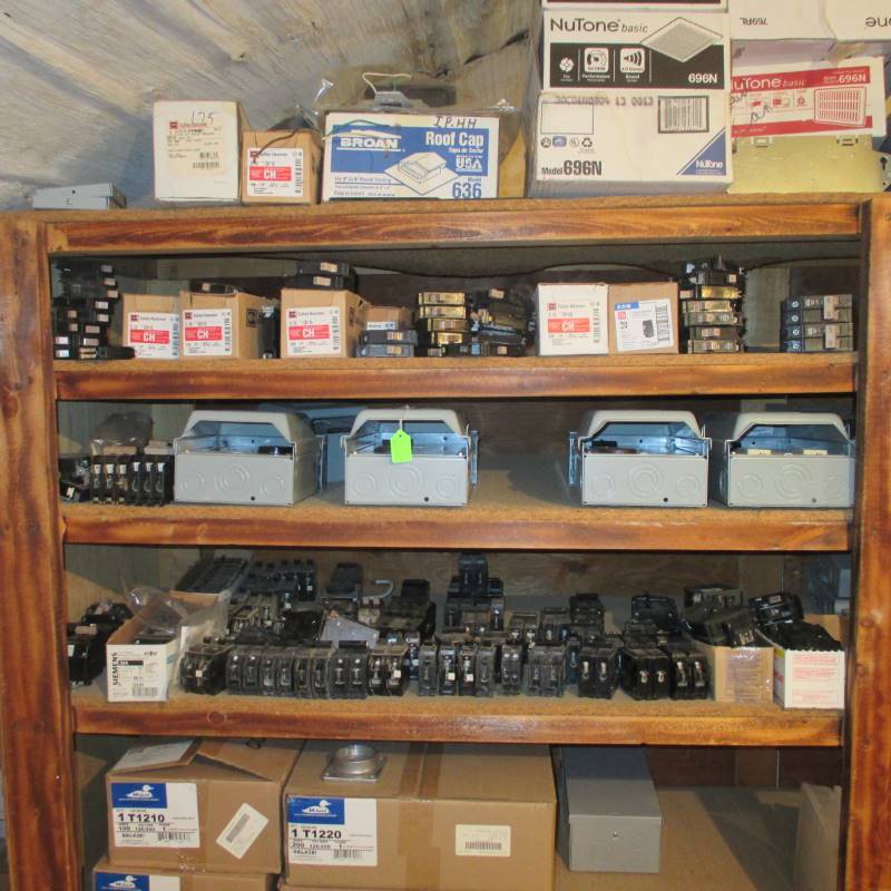 lot 79 image: Contents of 4 Shelves (New) 120v & 220v Outdoor Electric Boxes
