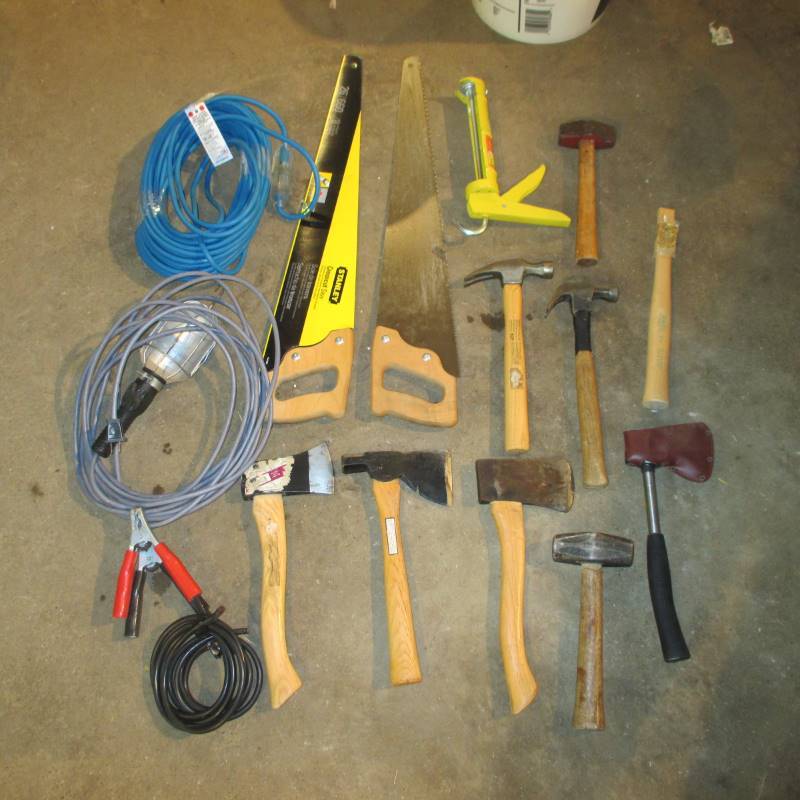 lot 115 image: (New) Chord & Trouble Light, Hammers, Saws, Hatchets