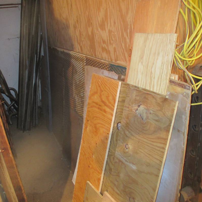 lot 131 image: Everything on Wall Plywood, Sheet of Expanded Metal, Lengths of Pip Exhaust Tubing