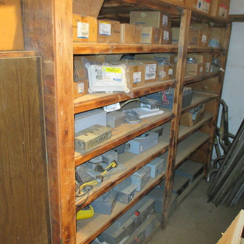 lot 132 image: Everything on Shelves Metal Boxes, Plates, Metal Conduit Connectors, Used Boxes