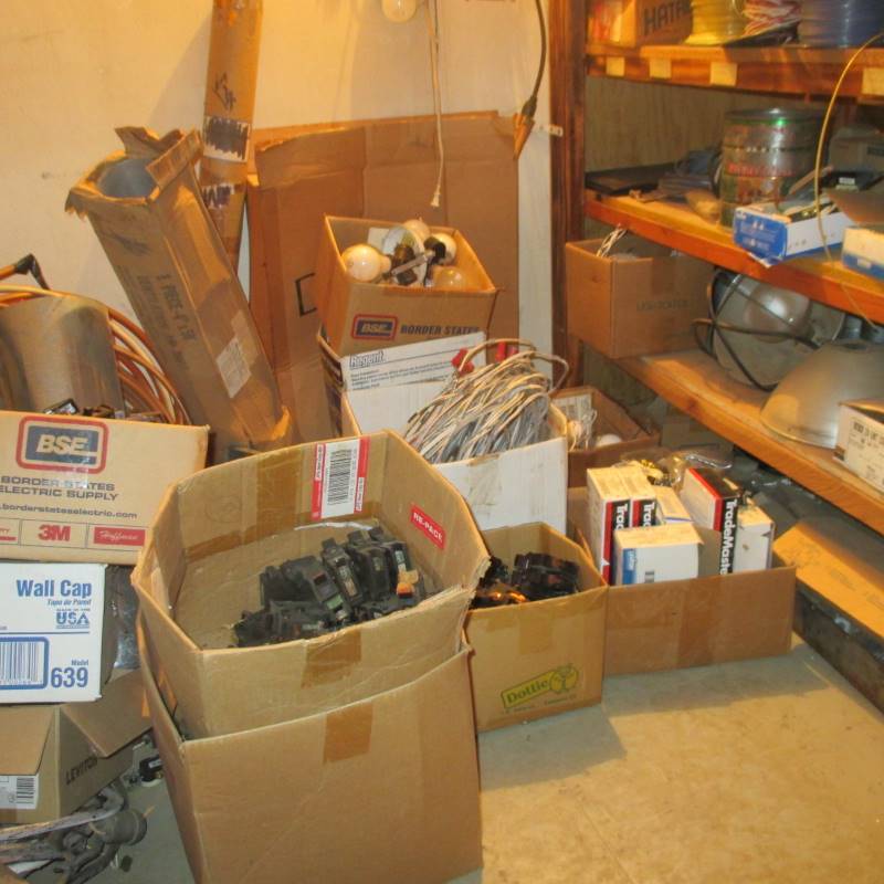 lot 54 image: Everything In Corner & 2 Shelves of (New) Outlets, Breaker Switches, Misc. Lights & Ductwork