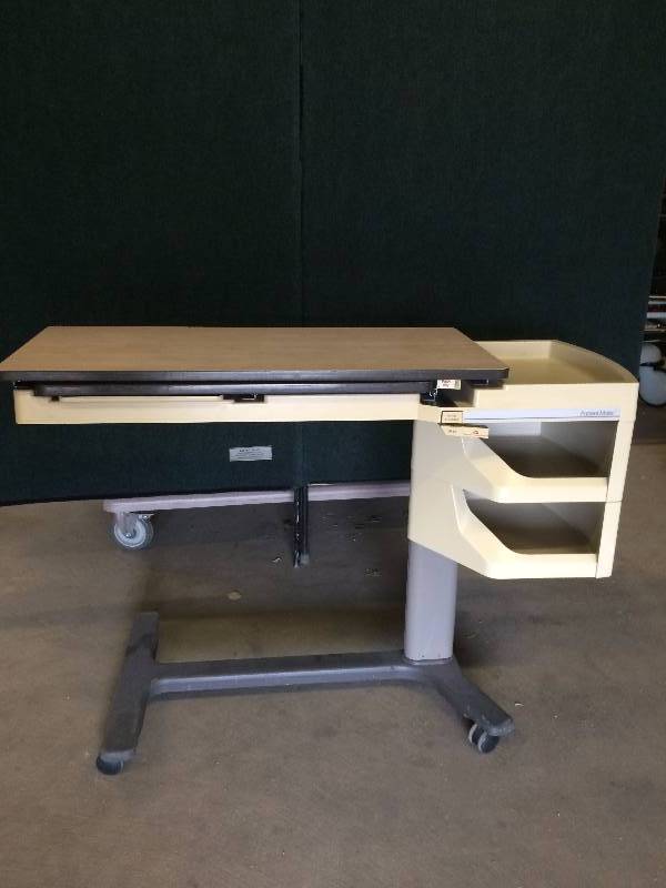lot 72 image: Mobile Height Adjustible Great For Home Office Laptop Computer Use or Overbed Workstation Hill-Rom Patient Mate Wood Grain Tray Table With Mirror On Both Sides - Excellent Condition
