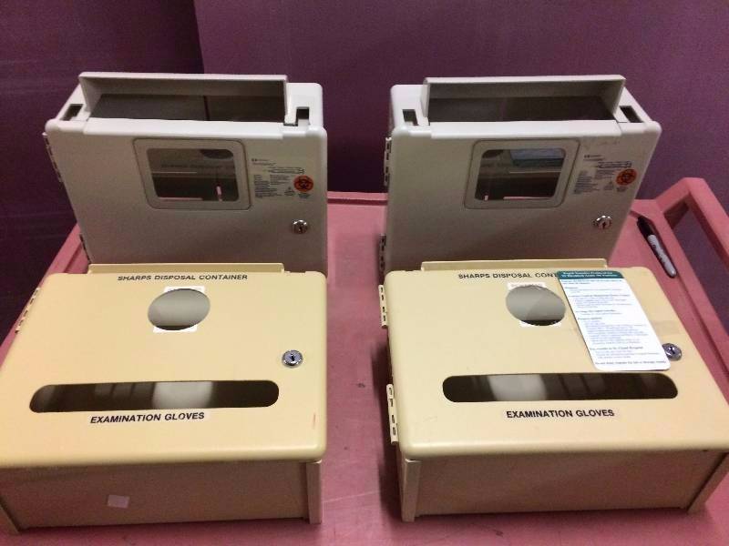 lot 3 image: Lot Of 11 Medical Clinic Diabetic Blood Draw Phlebotomy Station Sharps Needle Container Wall Mount Enclosure SharpSafety Box Only - Some with Keys & Towel Dispenser
