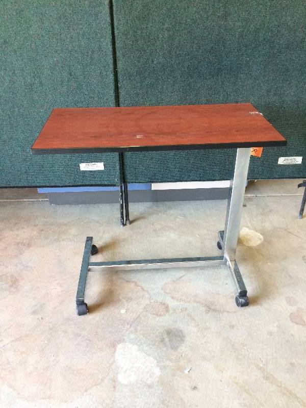 lot 42 image: Wood Height Adjustable Hospital Bed Tray Laptop Computer Mobile Table