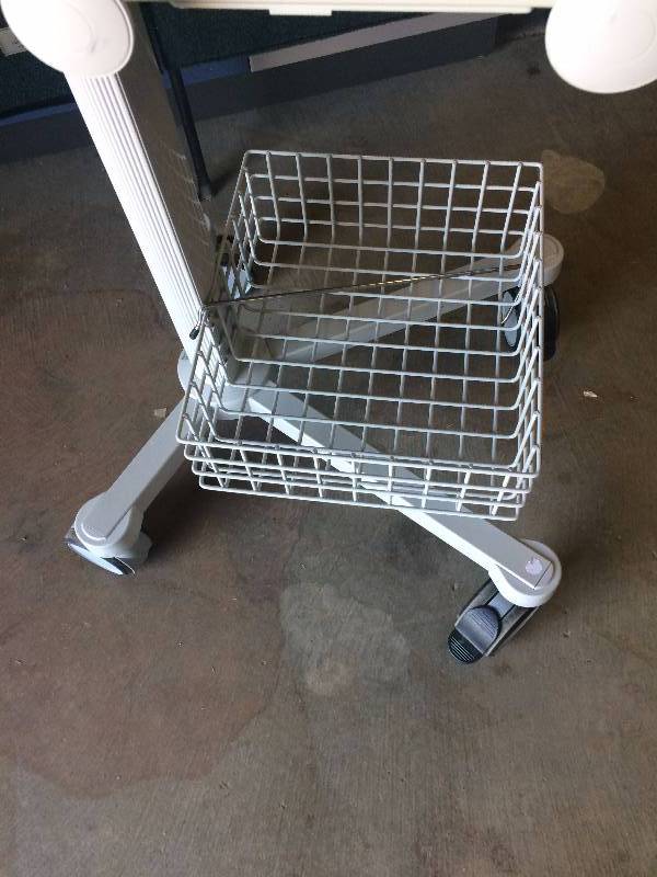 lot 66 image: Adjustable Mobility Rolling Four Hook I.V. Pole with Utility Tray and Wire Basket