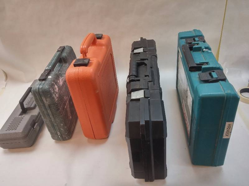 lot 895 image: Lot of 5 Various Hard Tool Carry Cases Ryobi DC500 Case, Hitachi N8304AB3 Case, Paslode T8250-F16 Case, Makita HR2455X Case, DeWalt DW303 Case GOOD CONDITION