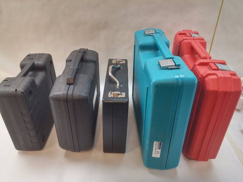 lot 896 image: Lot of 5 Various Hard Tool Carry Cases 12 Impact Wrench Great Neck Case, Tiger Claw Install Gun Case, Milwaukee Hammer Drill Case, Makita LXT211 Case, DeWalt DW972 Case GOOD CONDITION