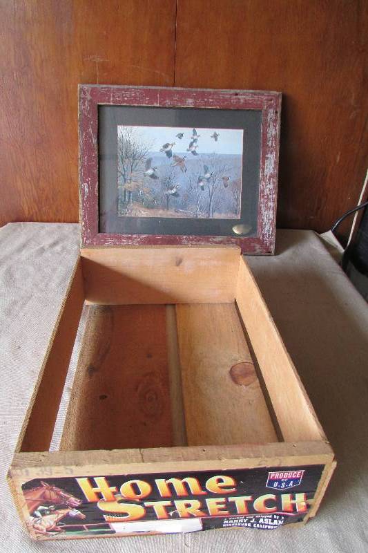 lot 27 image: Vintage Framed Waterfowl Picture Wooden Crate