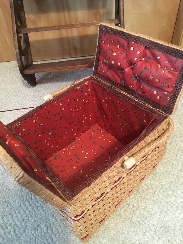 lot 57 image: Wood Shelf & Wicker Sewing Basket