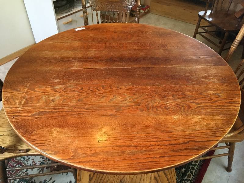 lot 2 image: Solid Wood Dining Table with 6 Chairs and Leaf