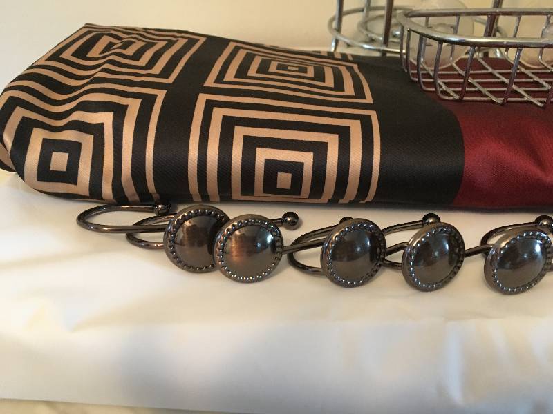 lot 215 image: Shower Curtain, Liner, Shower Rings, and Toilet Paper Holder