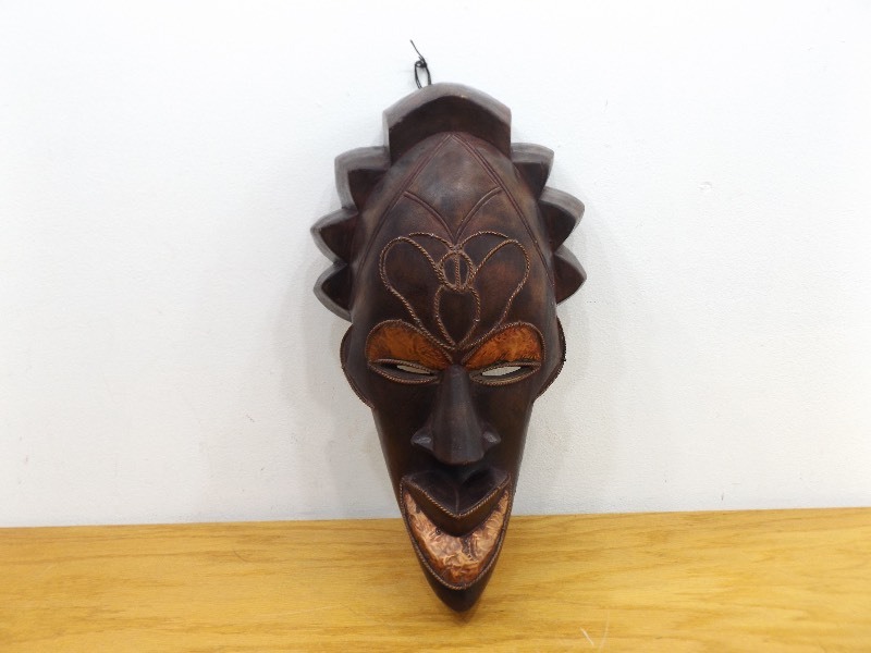 lot 18 image: Vintage Hand Carved Wood African Mask with Copper Accents