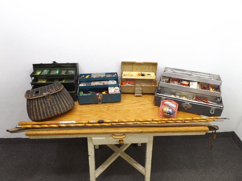 lot 27 image: Large Lot of Vintage Fishing Lures, Bamboo Pole, Basket, Boxes, etc.