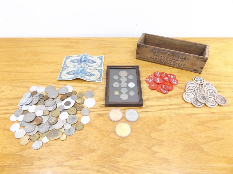 lot 36 image: Lot of Foreign NotesCoins, and Tokens in Vintage Wood Cheese Box