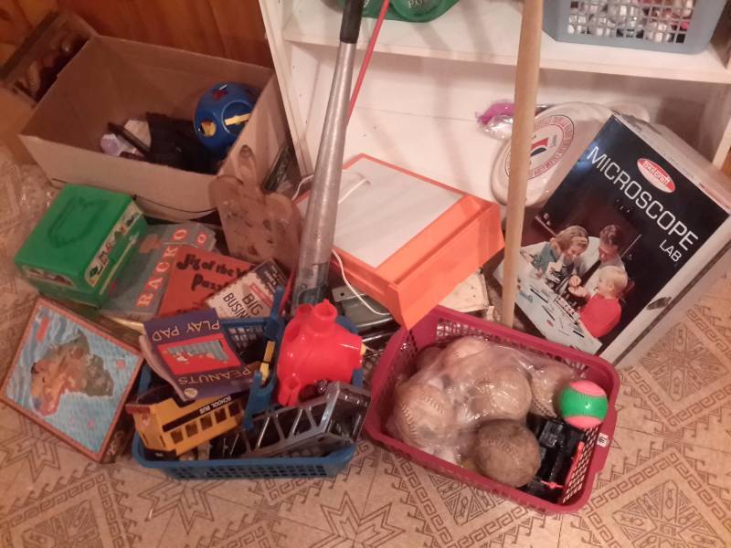 lot 123 image: Large lot of Toys, Games etc.. See closeups.2 STRUCTO Trucks. Pool equipment NOT included on side of one picture