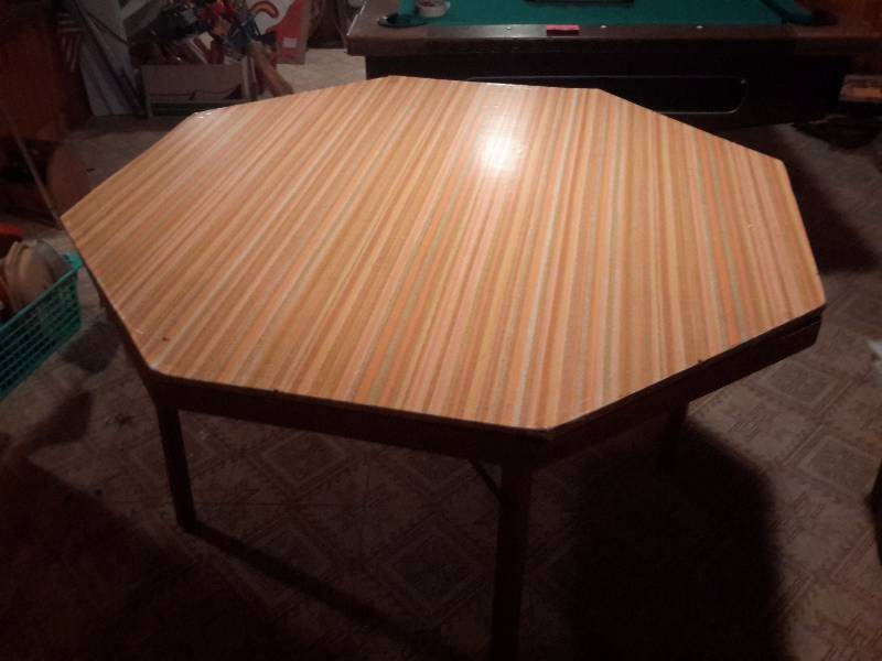 lot 164 image: Game Table as shown.  Folding legs.. Top so it can be converted to a service table.  Needs some cleaning