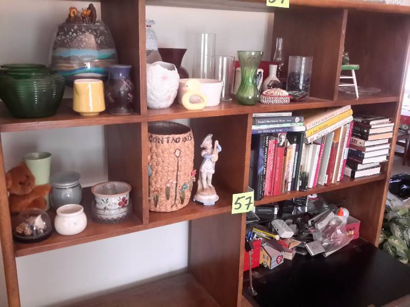 lot 57 image: Large lot of decorative items on the shelf.Lot of Office supplies. Bring your own boxes