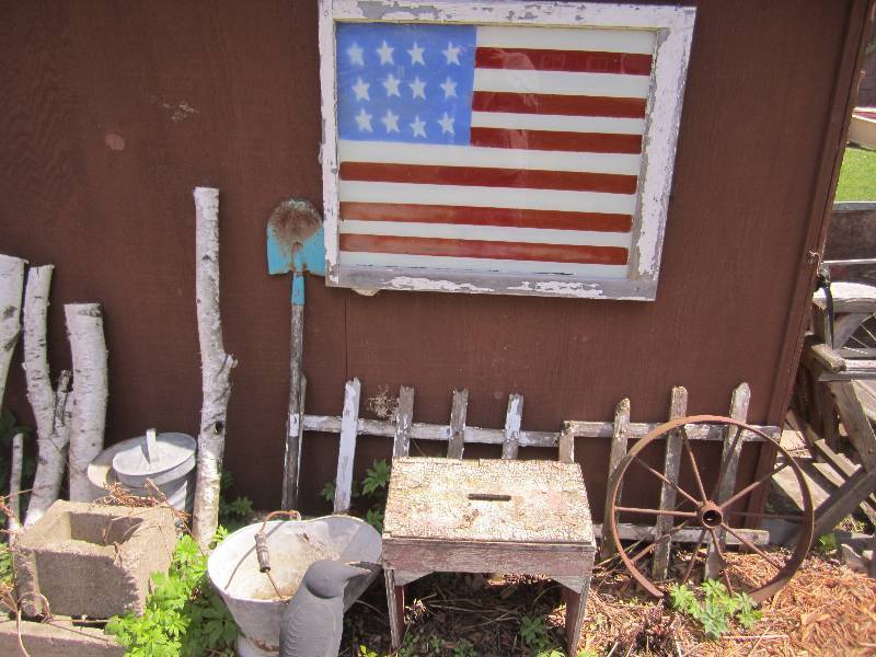 lot 93 image: Metal wheel, 2 metal pails, and fra...