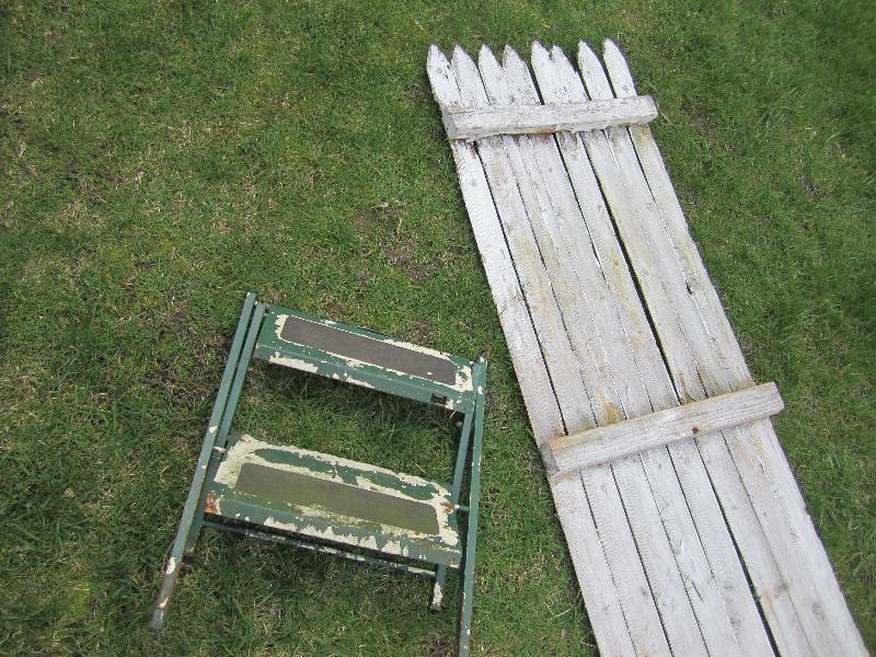 lot 104 image: Vintage step stool and wood panel...