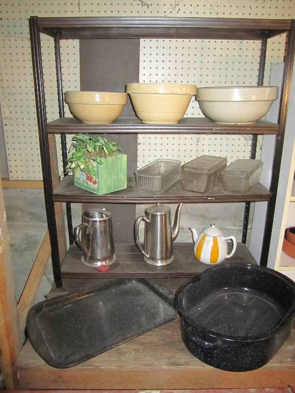 lot 170 image: Metal shelf with crocks, glassware,...