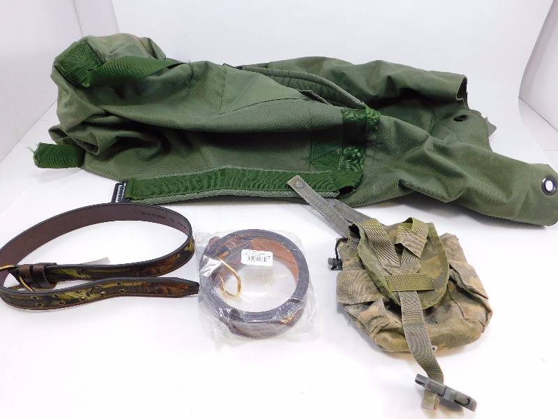 lot 63 image: U.S. Military Surplus Duffel Bag, Used, US Military Canteen Cover, 2 Belts