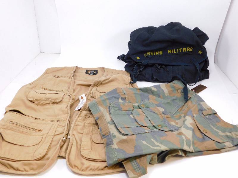 lot 72 image: Marino Bay Mens Camo Canyon Shorts, Olive Camo Size Large,Mens Concealment Vest, Small and Large-Frame Pistols Size Large, Marina Militare