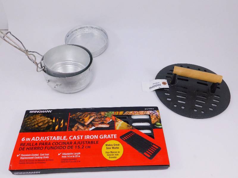 lot 75 image: Camping Dishes, Cast Iron Meat Press, 6 in Adjustable cast Iron Grate