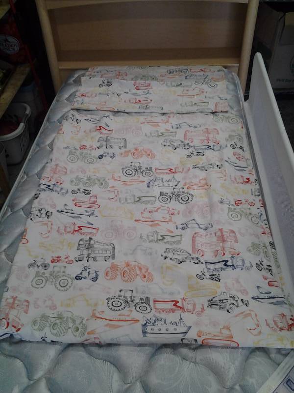lot 36 image: IKEA TwinFull Duvet Cover (Current Item), Kids Safety Bed Rail & Twin Size Therapeudic Deluxe Mattress & Box Spring