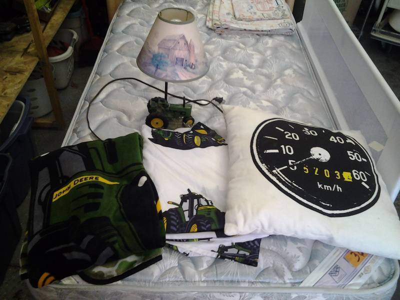 lot 37 image: John Deere Lamp, John Deere Twin Size Sheets, Blanket, Throw Pillow