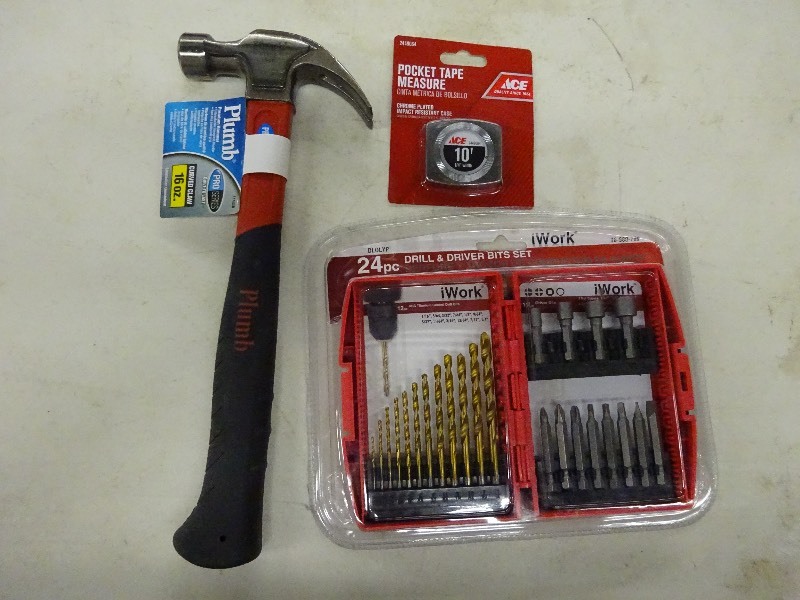 lot 35 image: Plumb hammer 16 oz. pocket tape measure, 24 pc drill and driver buts set