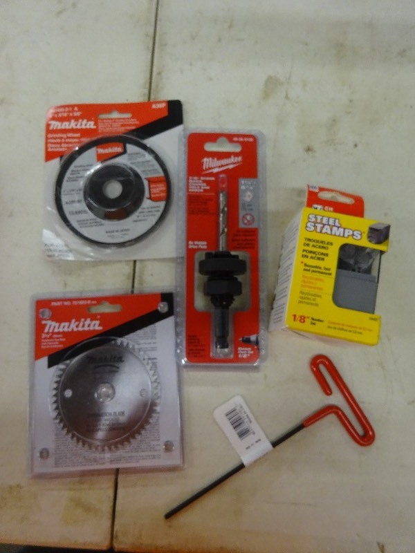 lot 57 image: Steel stamps, Eklind 18 hex, Makita saw blade, Makita Grinding wheel 4 x 316x58 new