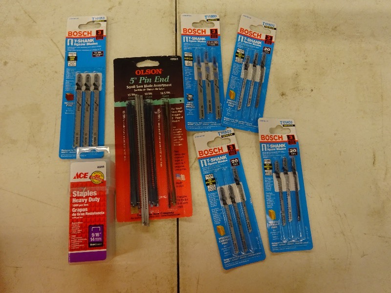 lot 61 image: Bosch t shank jigsaw blades, Olson 5 pin end saw blades, staples