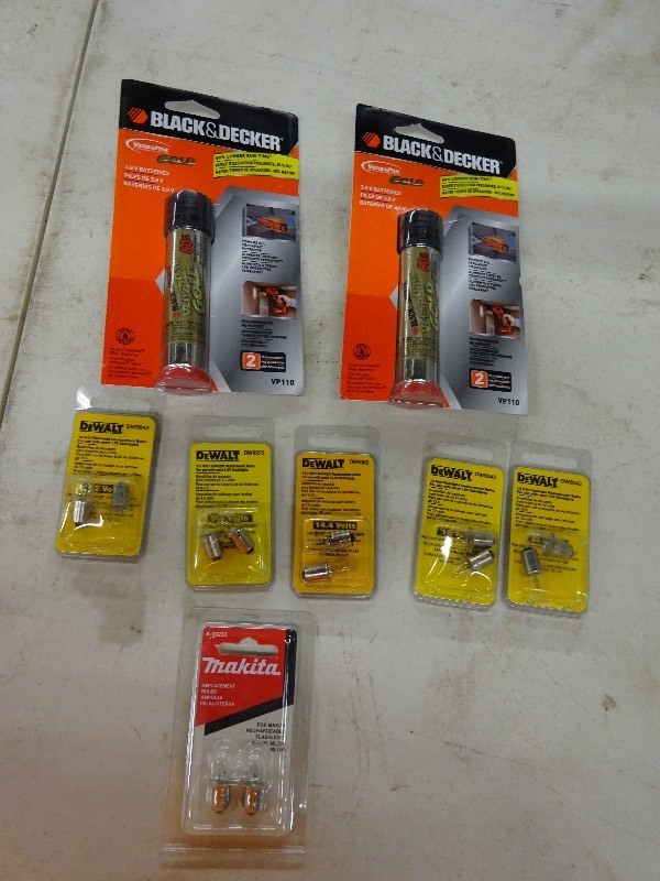 lot 69 image: Black & Decker 3.6 Volt batteries new, Dewalt 12 volt flashlight replacement bulbs new
