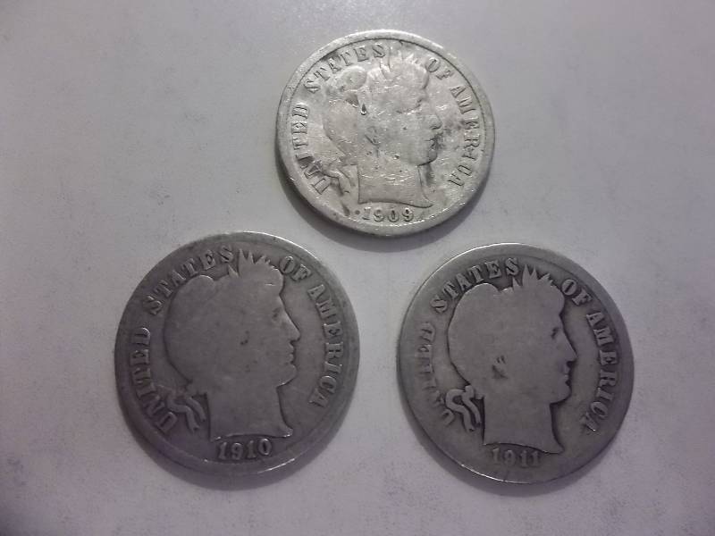 1909, 1910, 1911 Barber Dimes