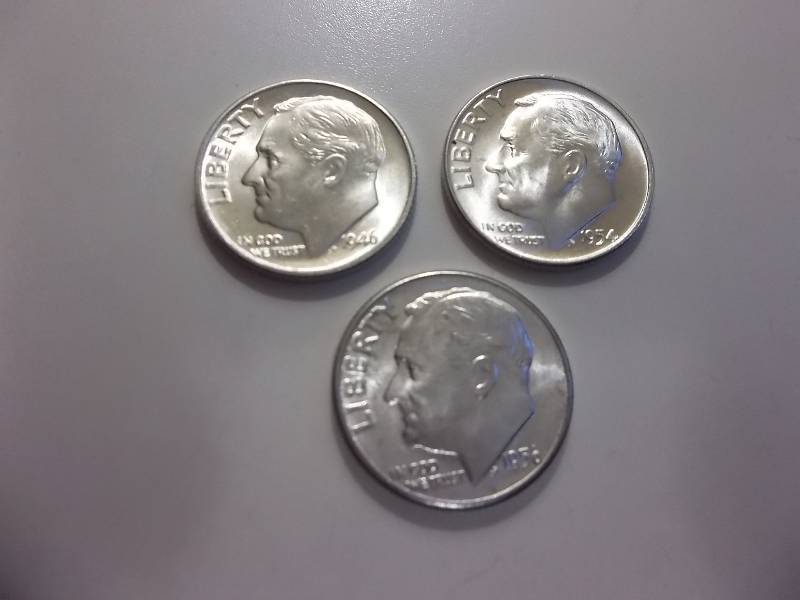 1946 D, 1954 D, 1956 Roosevelt Dimes All Unc MS