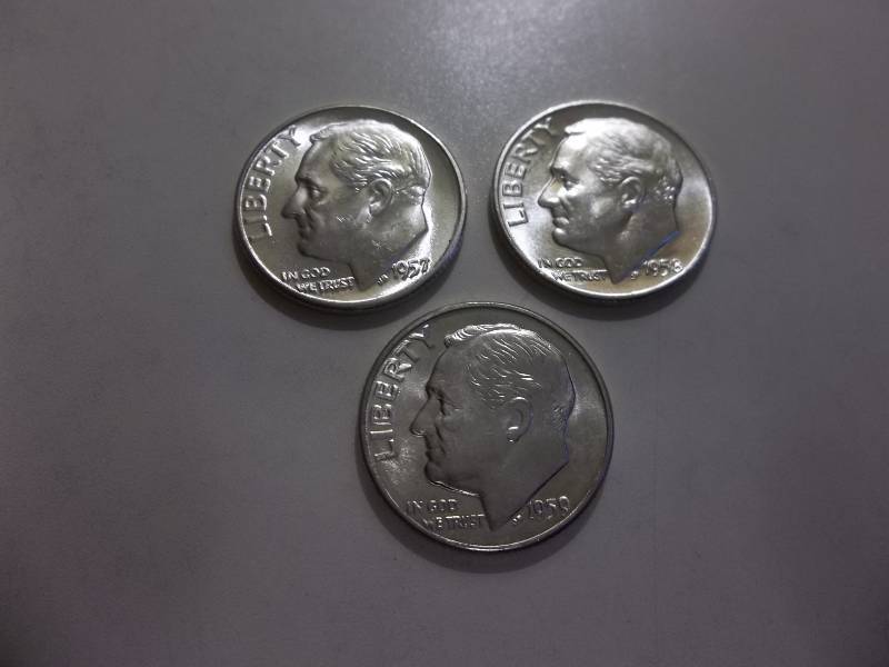 1957, 1958 D, 1959 D Roosevelt Dimes All Unc MS