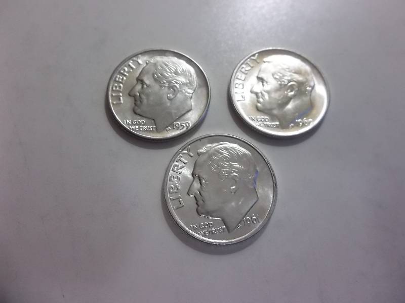 1959 D, 1960, 1961 Roosevelt Dimes Unc MS