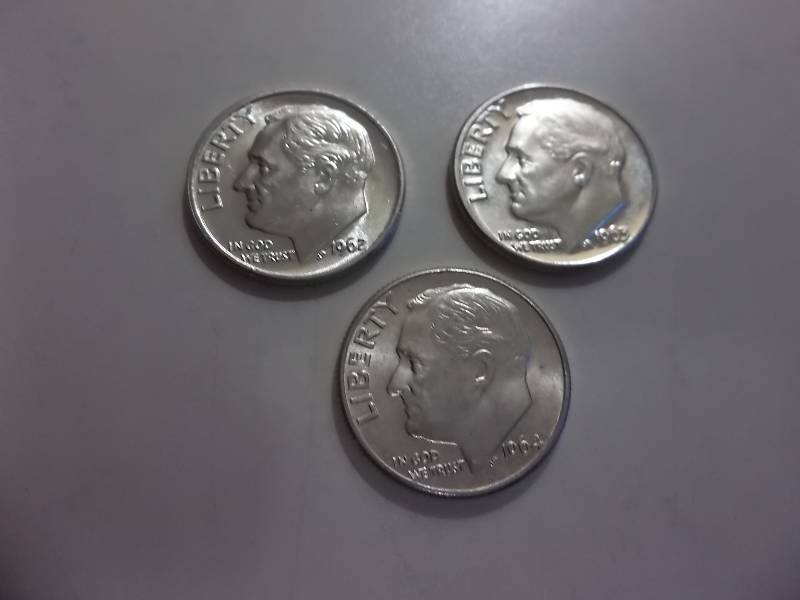 1962 , 1963 D, 1964  Roosevelt Dimes Unc MS