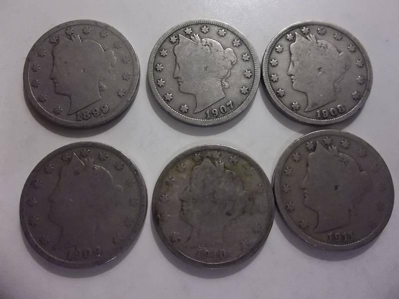 1899,  1907, 1908, 1909, 1910, 1911 V-Nickels