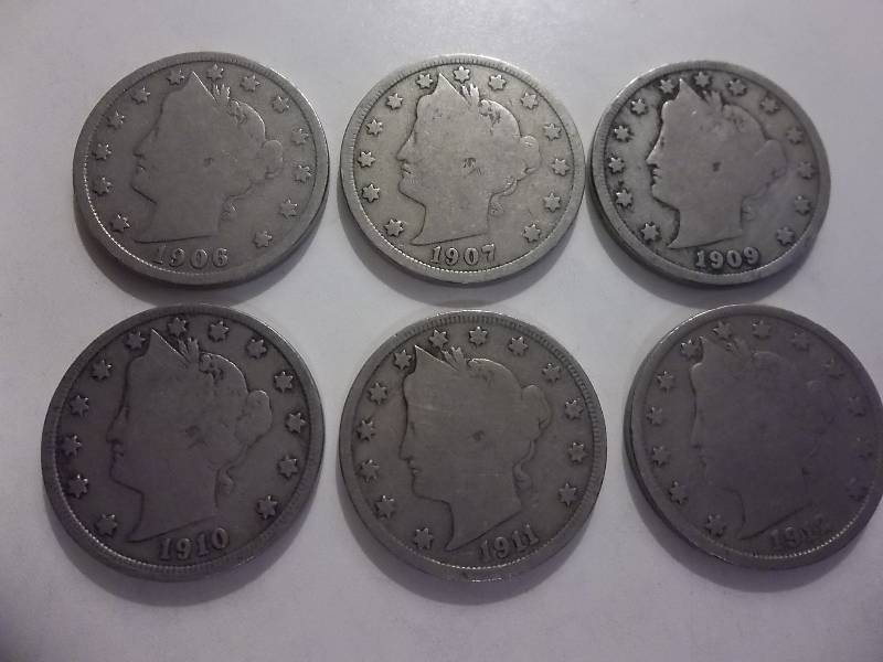 1906, 1907,  1909, 1910, 1911, 1912 V-Nickels