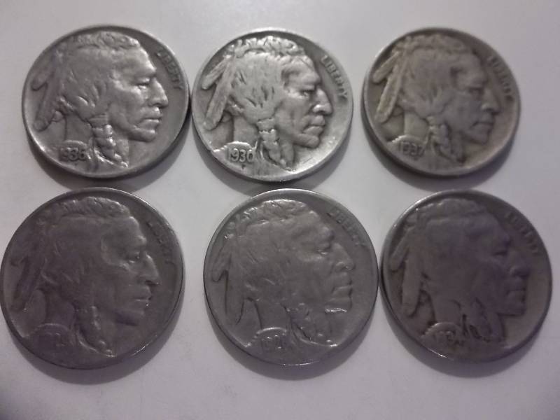 1928, 1929, 1930, 1934 D, 1936, 1937 S Buffalo Nickels With Very Strong Dates