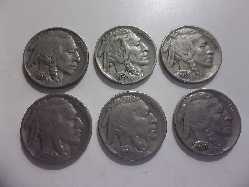 1934, 1934 D, 1936, 1937, 1937 D, 1937 S Buffalo Nickels Very Strong Dates