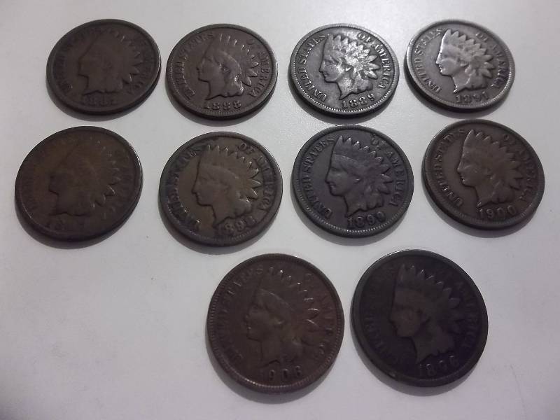 10 Indian Head Cents From 1887 To 1906 No Dups