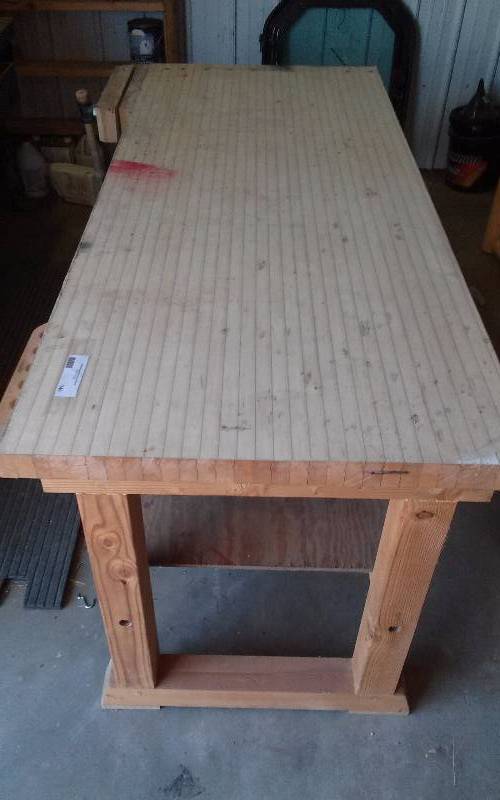 lot 140 image: Workbench Table, Very Solid, Has Bowling Lane Top, 77x36x38