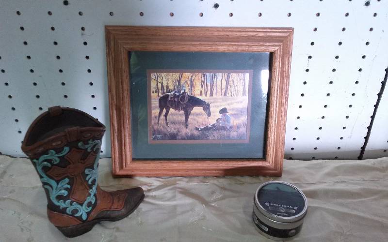 lot 223 image: Lot - Oak Framed Horse Picture, Cowboy Boot Dcor, Candle