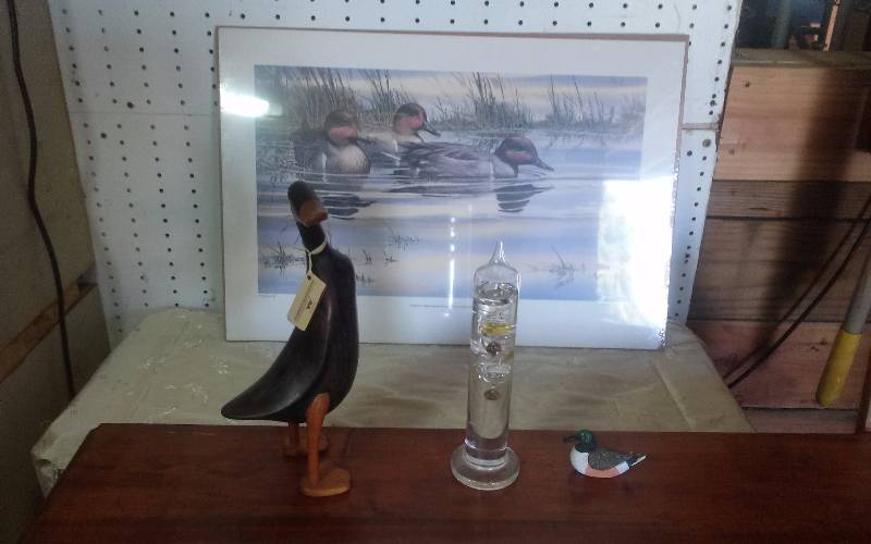 lot 239 image: Lot - Jim Garcia SignedNumbered Duck Print,  Wood Duck Statue, Weather Station, etc
