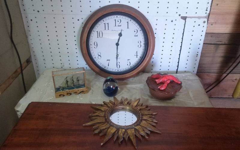 lot 243 image: Lot - Sterling & Noble Clock, Glass Fish Paperweight, Ship, Etc