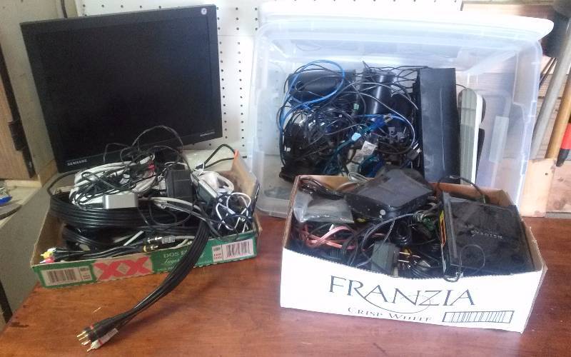 lot 275 image: Lot - Tote with Misc Electronic cables, wires, Samsung Monitor, etc